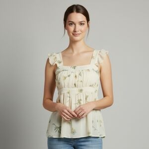 Frenzii Women's NWOT Light Yellow Sheer Floral Sleeveless Ruffle Blouse Sz Small